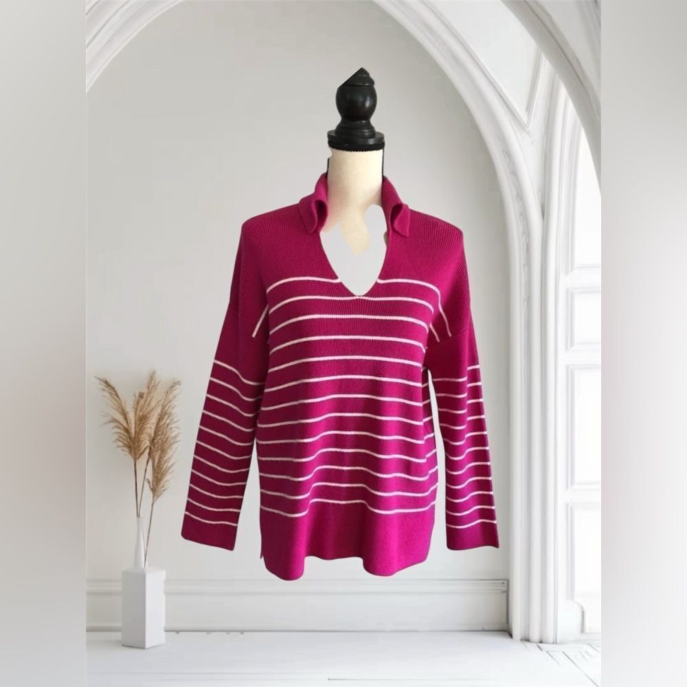 Philosophy Pink Stripe V-Neck Sweater with Collar